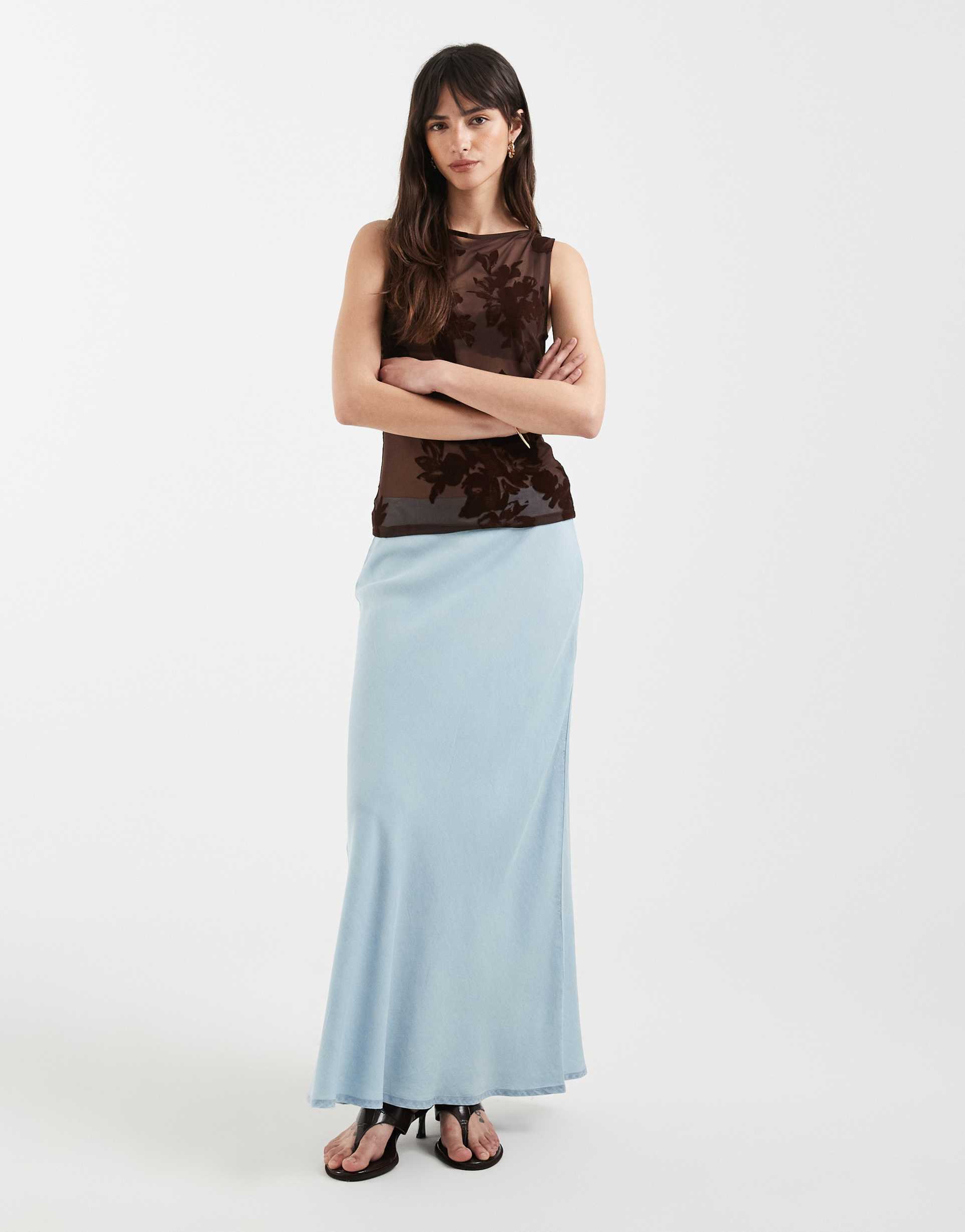 only chambray denim maxi skirt in light blue