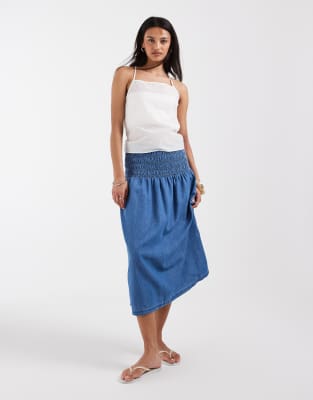 ONLY chambray pleated midi skirt in mid blue | ASOS