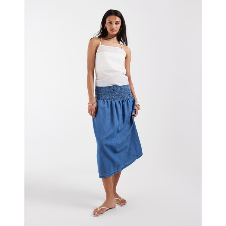 ONLY chambray pleated midi skirt in mid blue | ASOS