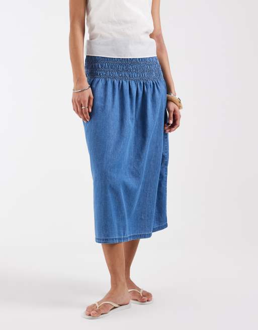 ONLY chambray pleated midi skirt in mid blue, 2 of 5