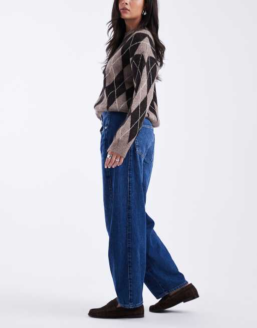 ONLY Chara high waist barrel leg panel jeans in dark blue denim, 2 of 5