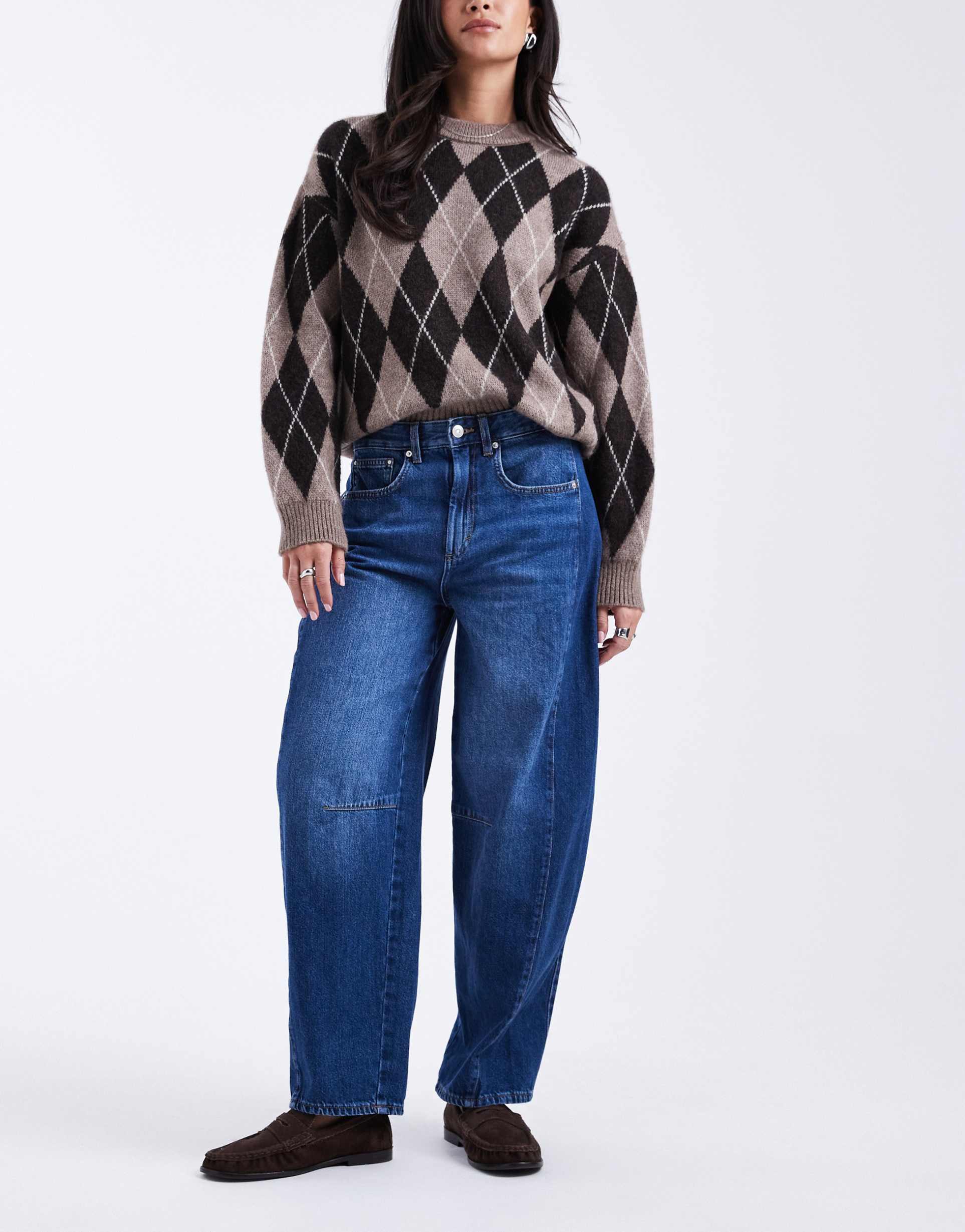 only chara high waist barrel leg paneled jeans in dark blue denim