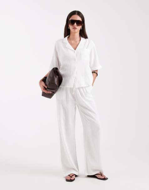 ONLY cheesecloth button down shirt & cheesecloth wide leg pants set in white - view 1