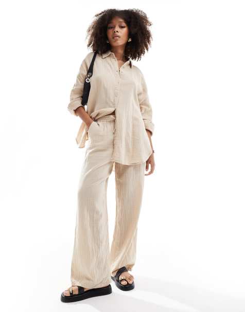 ONLY cheesecloth wide leg trouser co-ord in beige - view 1