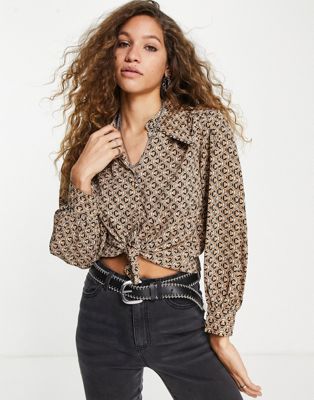 Chemises et blouses Only - Chemise à imprimé géométrique avec col style années 70 - Marron