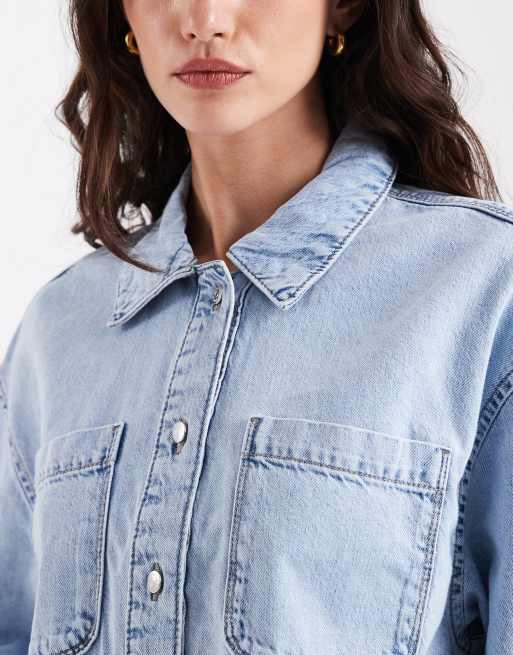 ONLY - Chemise courte coupe carrée en jean - Bleu clair délavé, 3 de 4