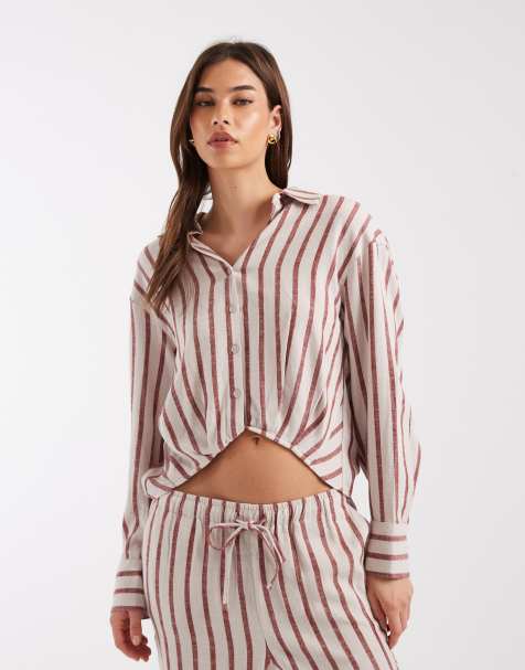 ONLY - Chemise courte d'ensemble en lin à rayures avec ourlet tombant - Beige et rouge - view 1