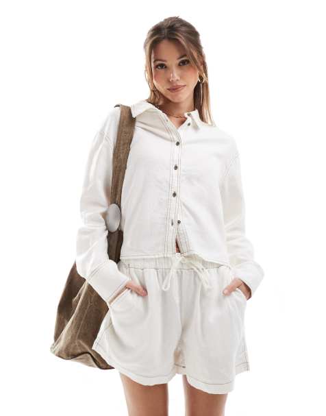 Only - Chemise courte d'ensemble en lin mélangé avec coutures contrastantes - Blanc - view 1