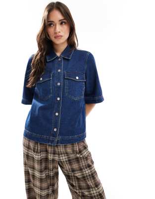 Chemise en jean coupe carrée à manches courtes - Indigo délavé-Bleu 38