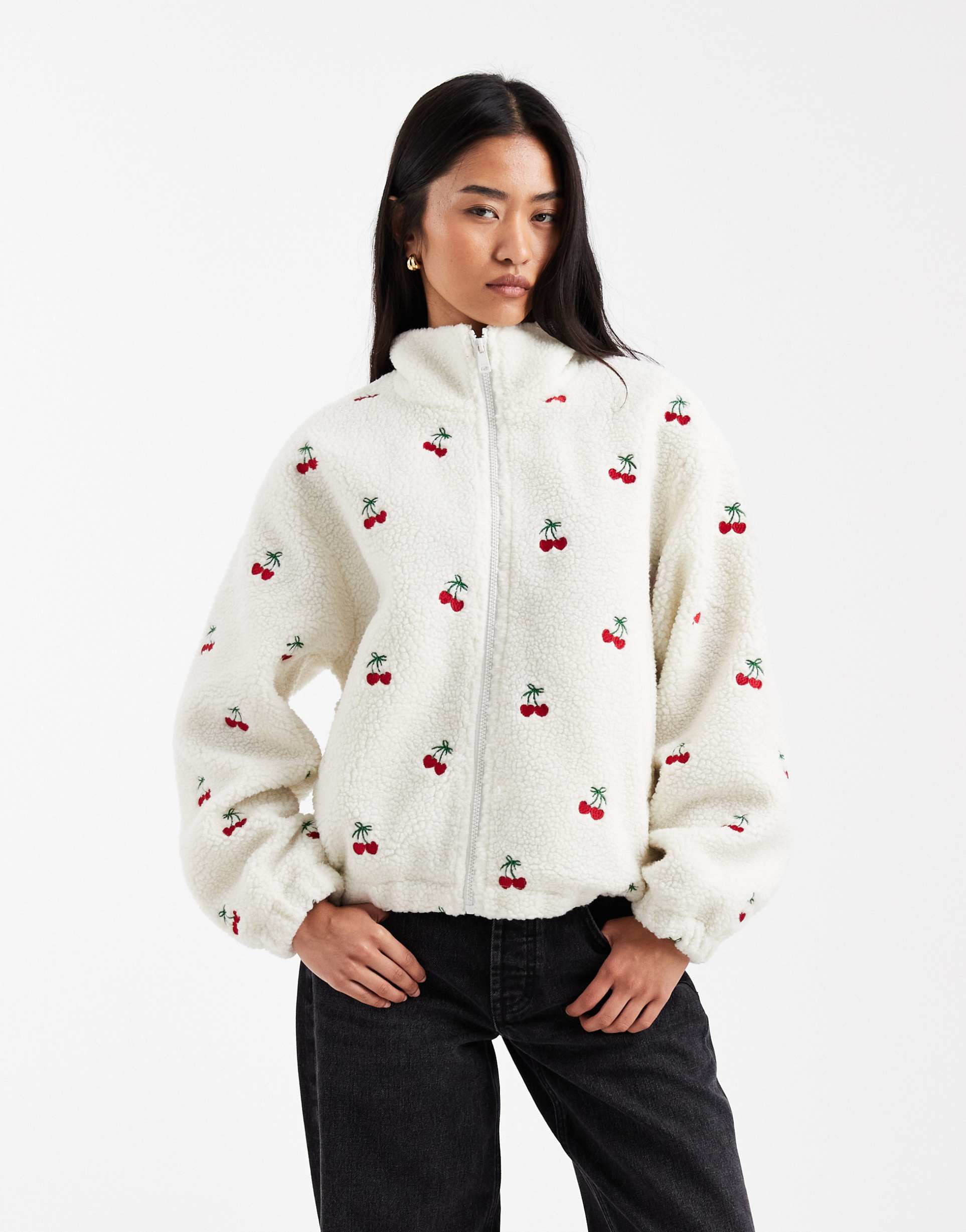 only cherry embroidery borg fleece in white