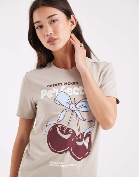 ONLY cherry graphic print boxy t-shirt in light beige - view 1
