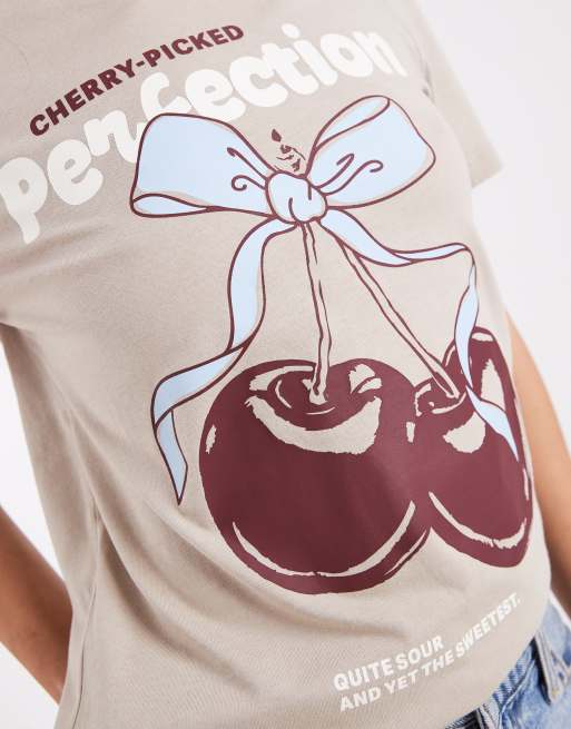 ONLY cherry graphic print boxy t-shirt in light beige, 4 of 4