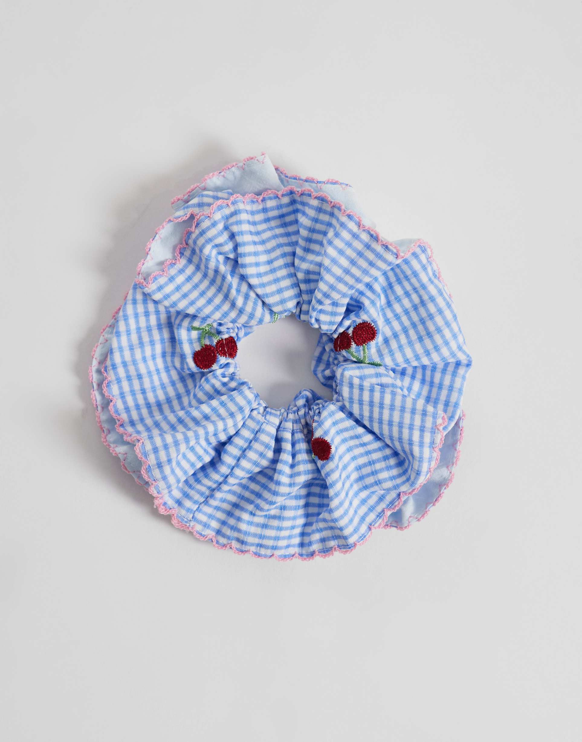 only cherry print scrunchie in light blue gingham