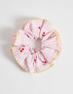 ONLY ONLY cherry print scrunchie in pink gingham