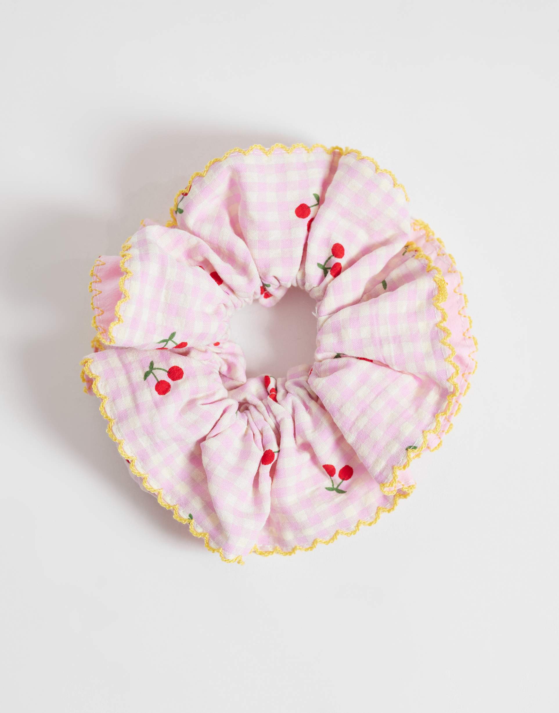 only cherry print scrunchie in pink gingham