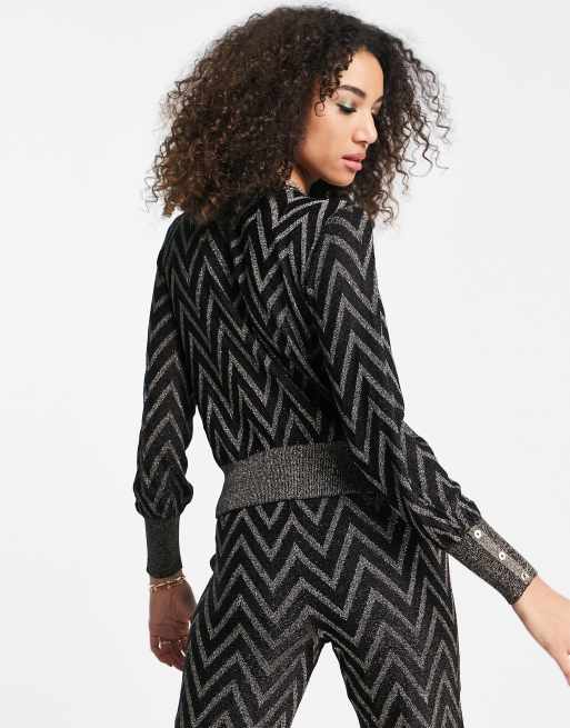 Only - Chevron-gebreide trui in zwart met glitter, deel van co-ord set, 4 van 4