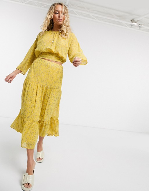 Only chiffon midi skirt co-ord in yellow ditsy floral