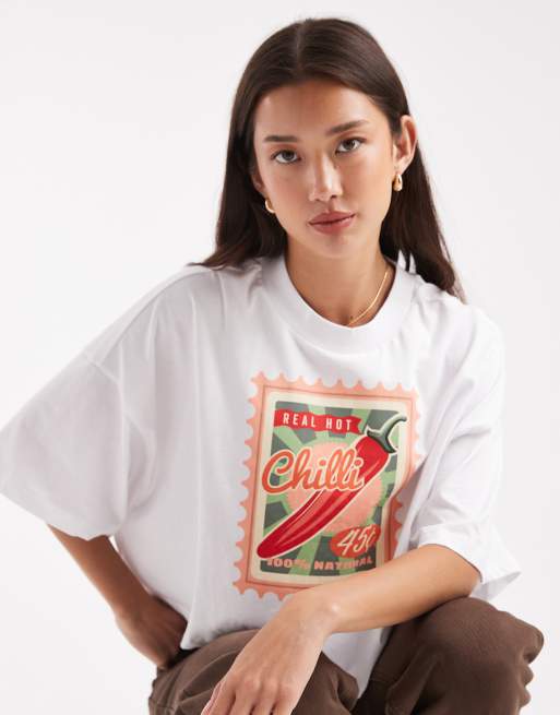 ONLY chilli stamp graphic cropped t-shirt in white, 3 of 4