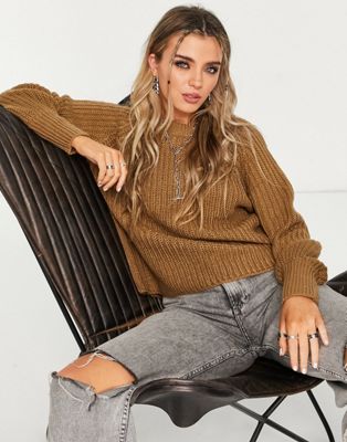 Only chunky balloon sleeve jumper in camel - ASOS Price Checker