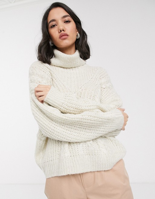 Only chunky cable roll neck jumper in cream
