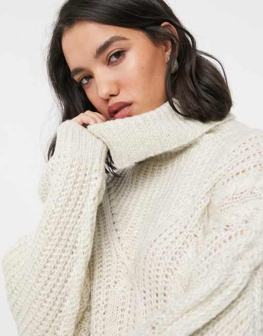 Only chunky cable roll neck jumper in cream