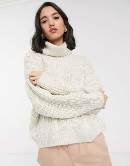 Only Chunky Cable Roll Neck Sweater In Cream Asos