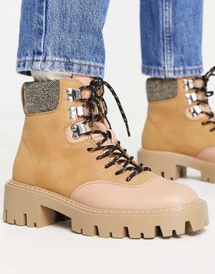 Only chunky lace up boot in camel-Neutral