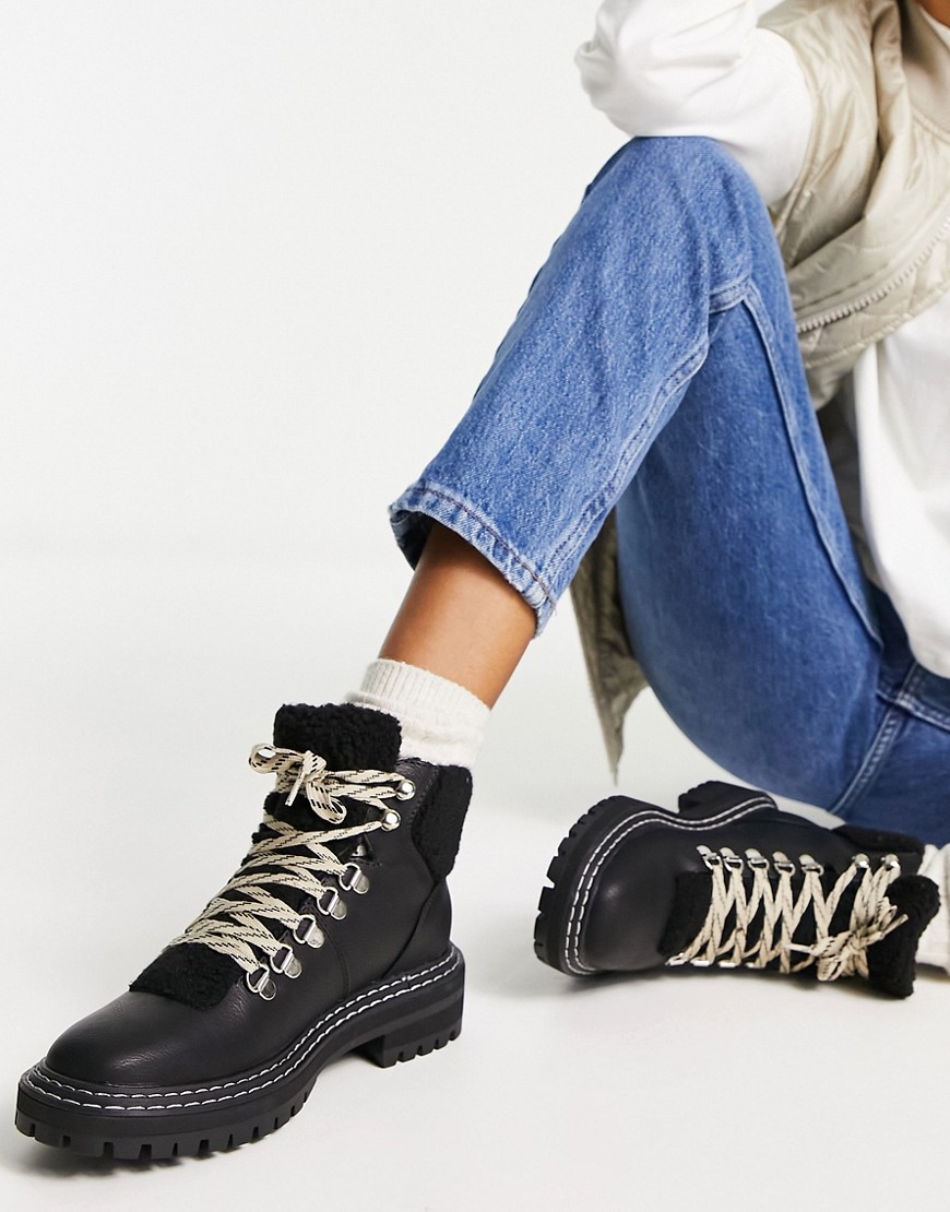 Only Chunky Lace Up Boot With Faux Fur Trim In Black