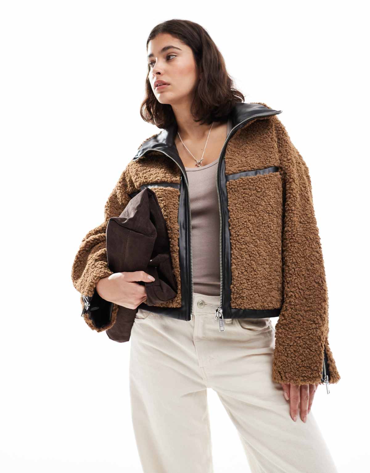 ONLY chunky teddy short jacket in brown