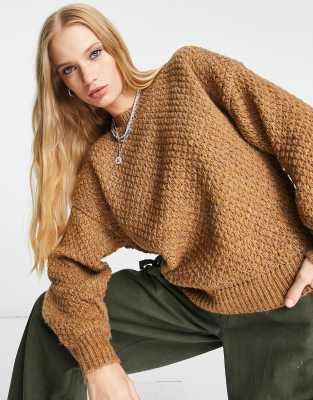 Only Chunky Textured Knit Sweater In Camel-brown