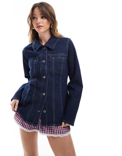 ONLY contrast stitch fitted denim jacket in dark blue