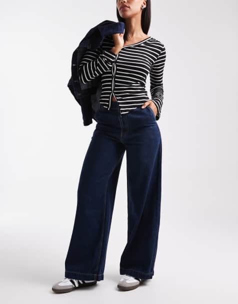 ONLY mid waist extra wide leg jeans in dark blue