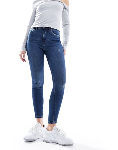ONLY high waist ankle length skinny jeans in dark blue denim 