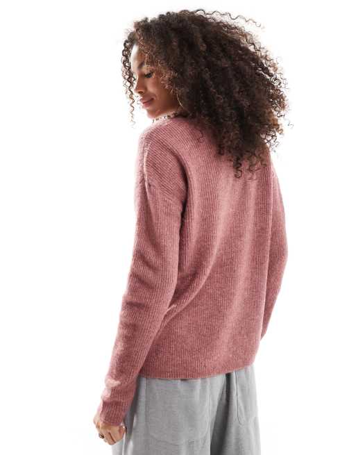 ONLY – Ciemnoróżowy sweter o luźnym kroju z dekoltem w szpic, 3 z 4