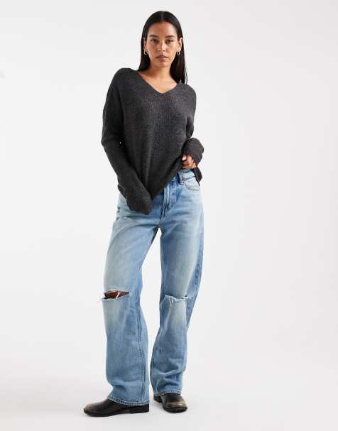 ONLY v neck jumper in dark grey marl 