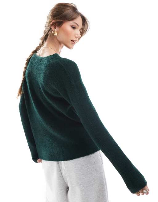 Only – Ciemnozielony melanżowy sweter z dekoltem w szpic , 3 z 4