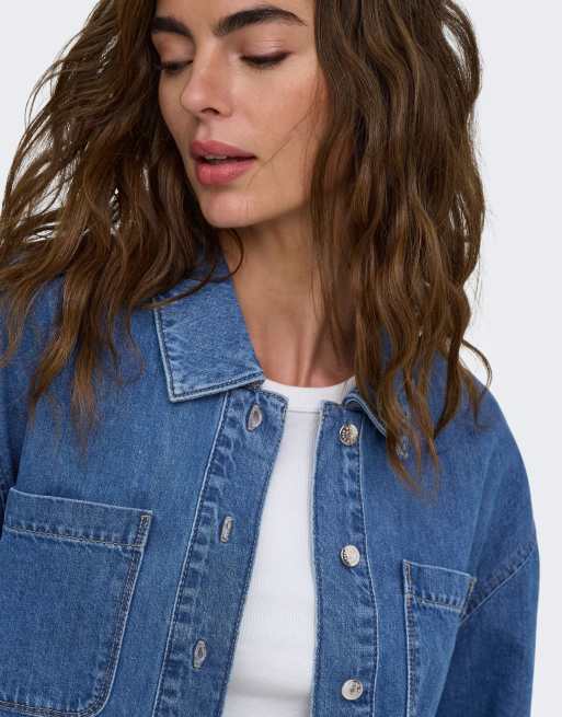 ONLY Cleo denim standard fit shirt collar long sleeve in medium blue denim, 5 of 7