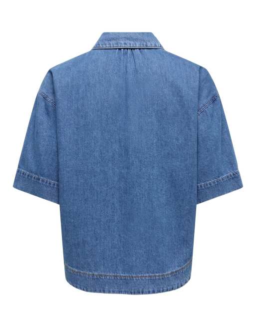 ONLY Cleo denim standard fit shirt collar long sleeve in medium blue denim, 7 of 7