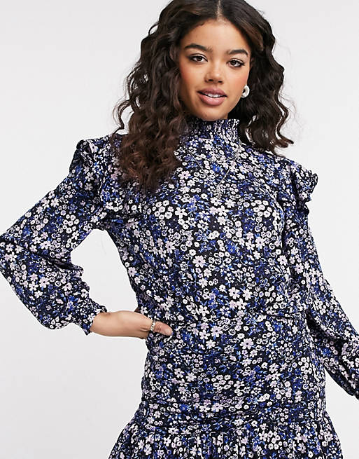 Only co-ord blouse with frill detail and high neck in purple and blue floral print