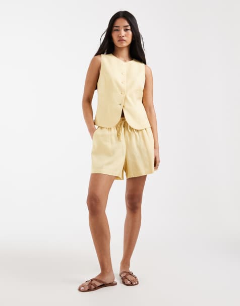 ONLY - Co-ord set van elegant gilet, broek met elastische taille en short van linnenmix in lichtgeel - view 1