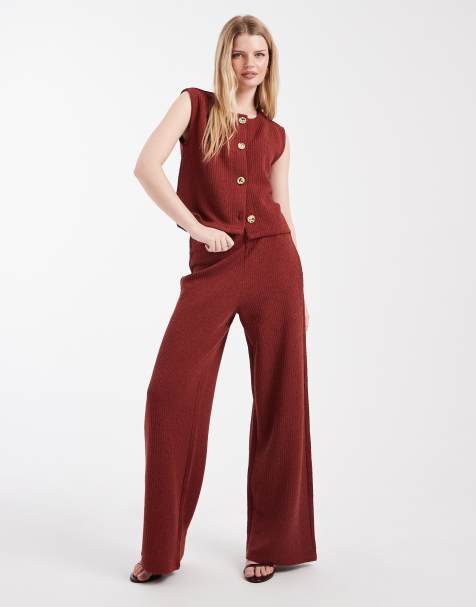 ONLY - Co-ord set van geribbeld gilet en broek met wijde pijpen in gebrand roestbruin - view 1