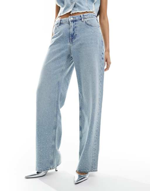 ONLY Cobain wide leg rhinestone detail jeans in light blue - part of a set 
