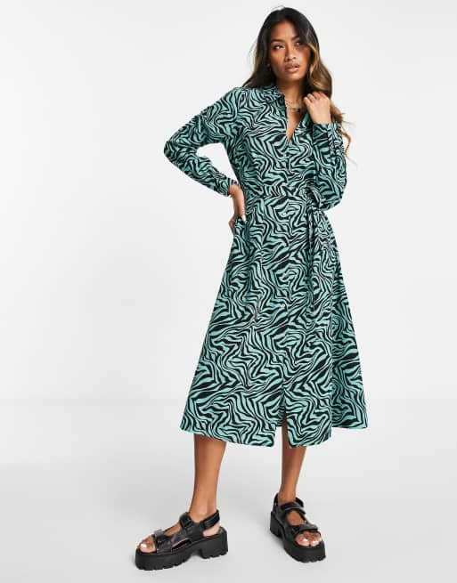 Only cody long sleeve midi shirt dress in mint zebra | ASOS