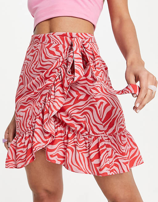 Only Cody wrap skirt in pink zebra print
