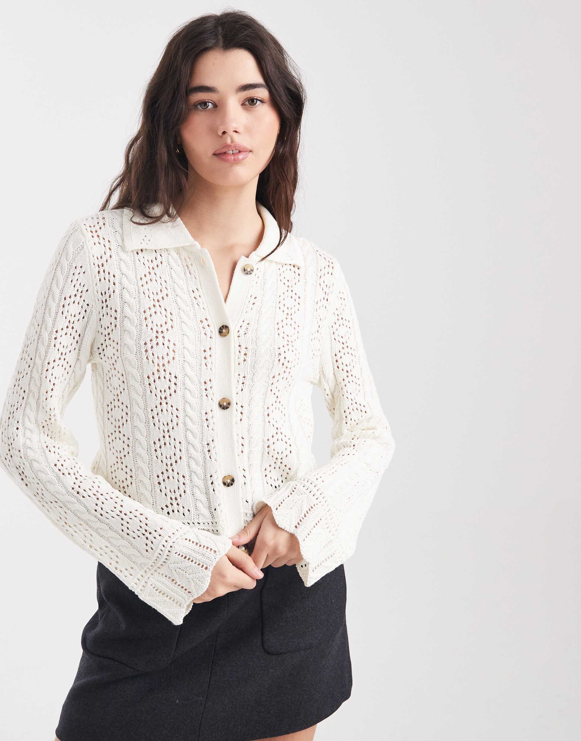 only collar detail crochet cardigan in cream