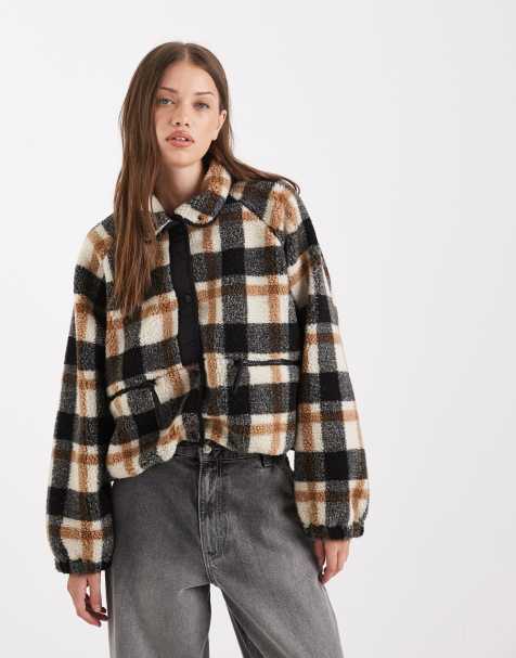 ONLY collar details teddy jacket in beige plaid - view 1