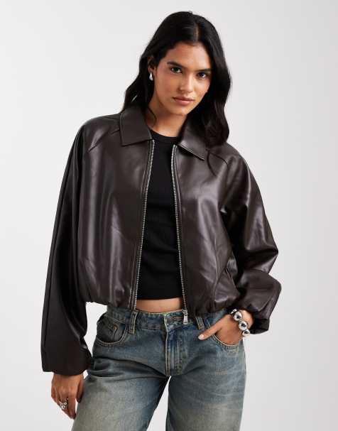 ONLY collared faux leather bomber in brown - view 1