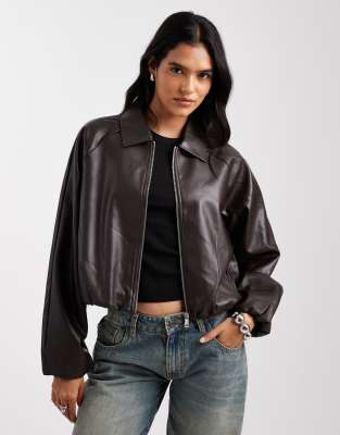Only Collared Faux Leather Bomber Jacket In Brown