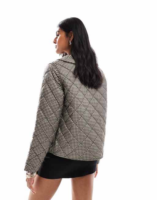 ONLY collared quilted jacket in beige gingham