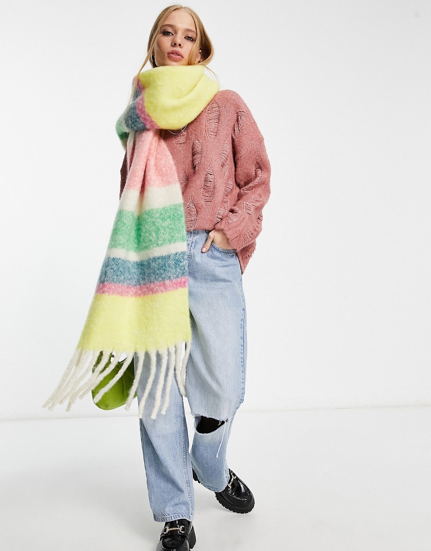Only color block tassel scarf in bright stripe-Multi